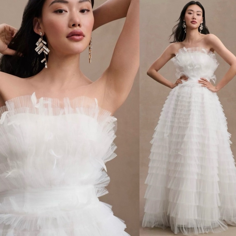 Mac Duggal White Strapless Ruffle Gown with Feathers